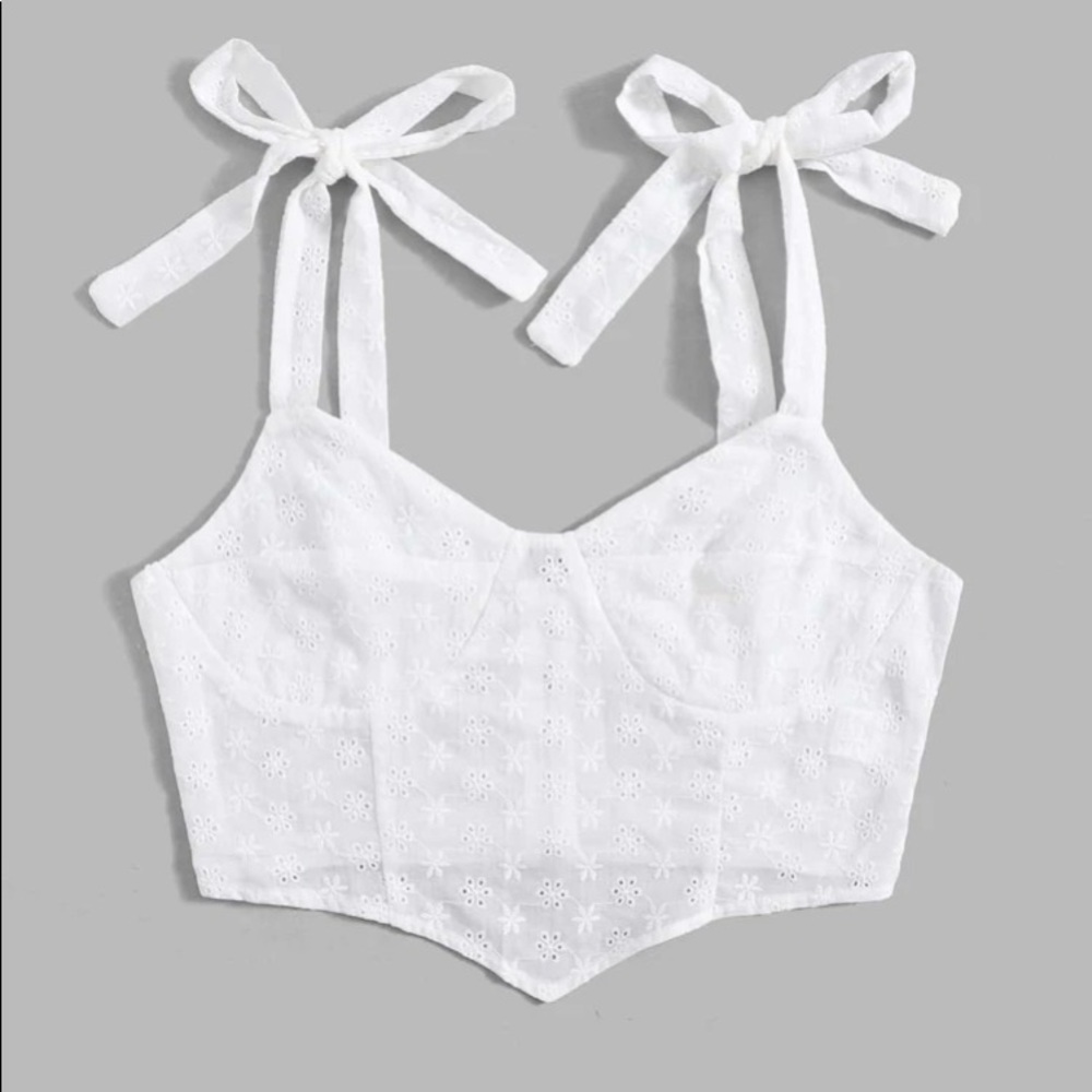 Eyelet Embroidery Zip Up Tie Shoulder Cami